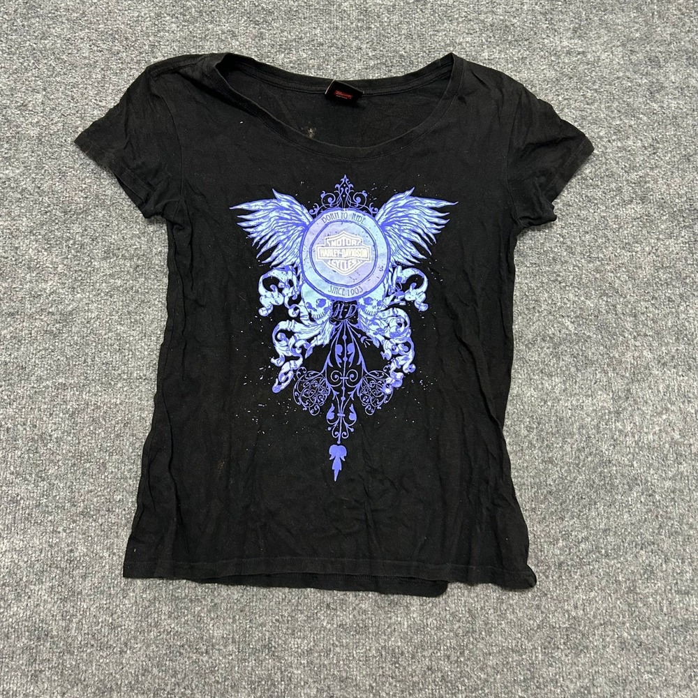 Harley-Davidson T-Shirt Womens Size M Black Graphic Winged Biker Short Sleeve